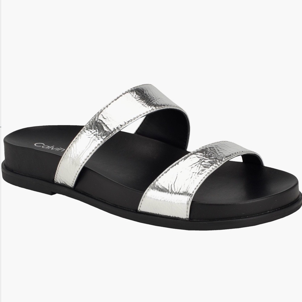 Calvin Klein Silver and Black Double Strap Slide Sandals